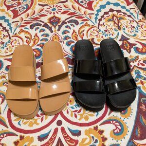 2x Reef Comfort Vista Higher Black Tan Patent Platform Slides Sandals sz 8
